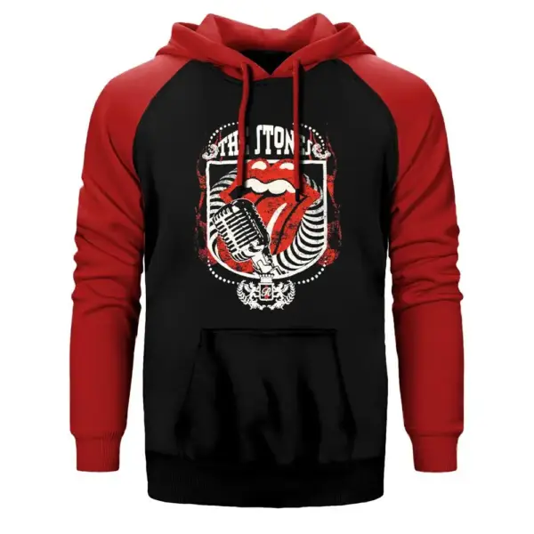 The Rolling Stones Hoodie, Double Color Raglan Sleeve Red Sweatshirt