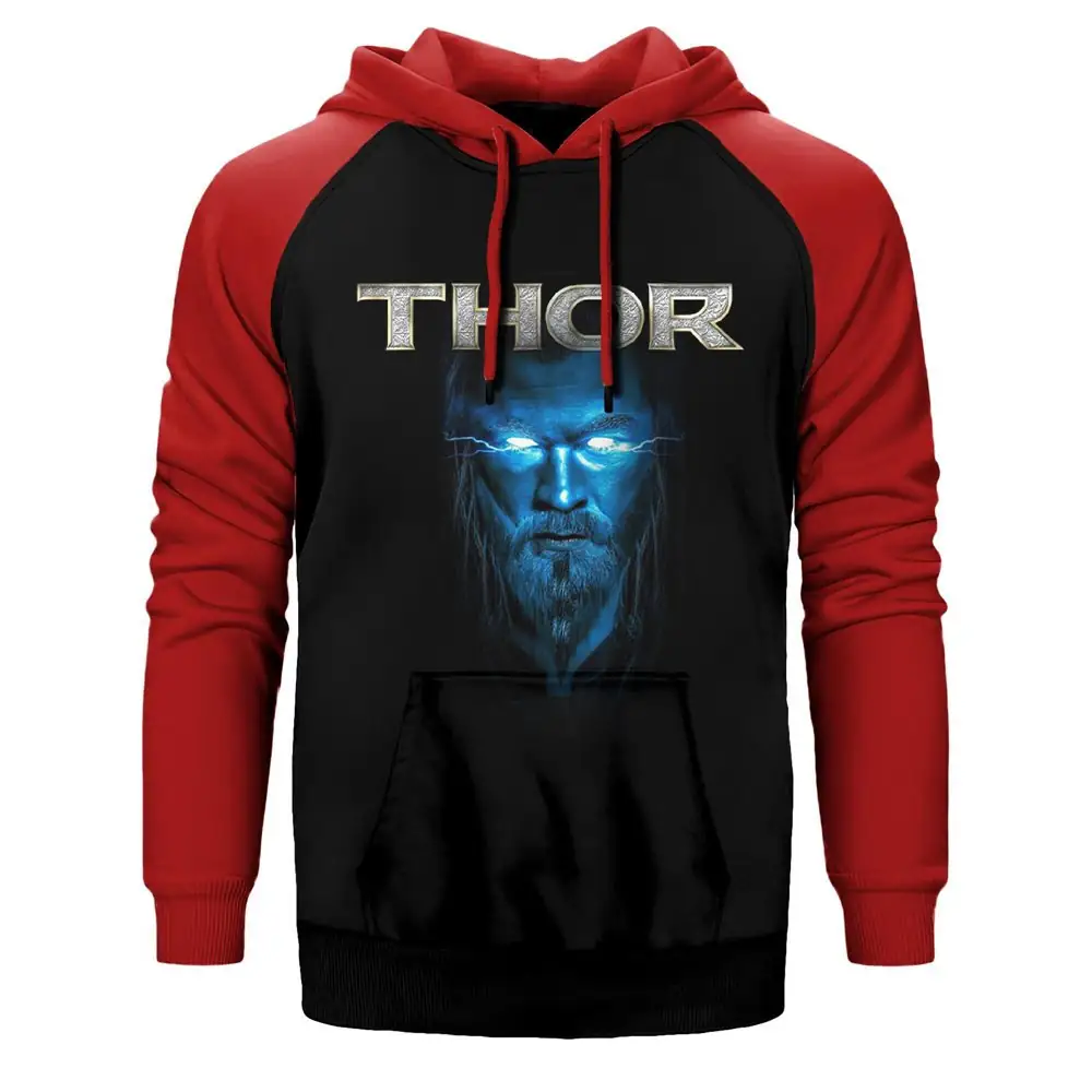 Thor Blue And Gray Hoodie, Double Color Raglan Sleeve Red Sweatshirt