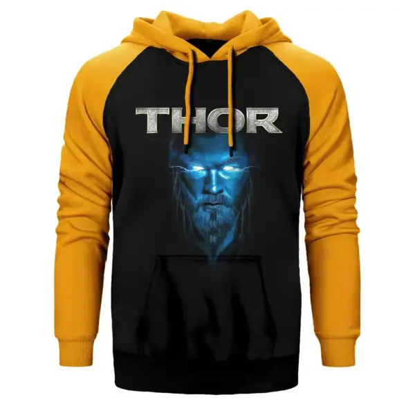 Thor Blue And Gray Hoodie, Double Color Raglan Sleeve Yellow Sweatshirt