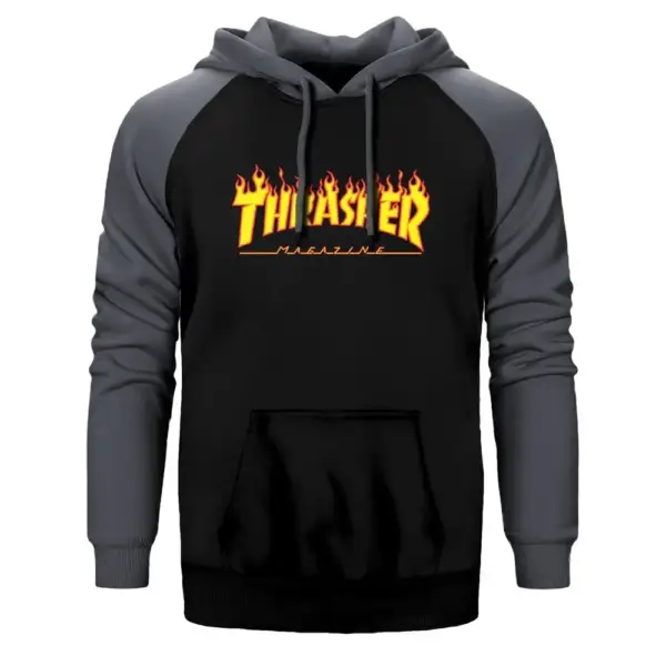 Thrasher Hoodie, Double Color Raglan Sleeve Gray Sweatshirt