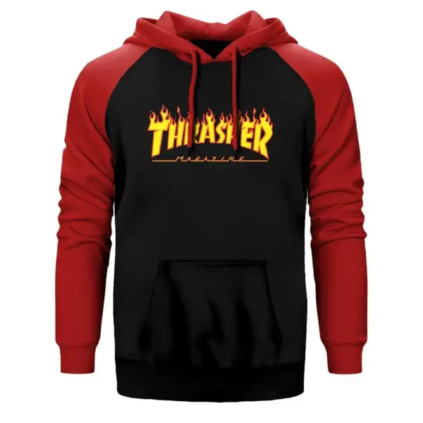 Thrasher Hoodie, Double Color Raglan Sleeve Red Sweatshirt