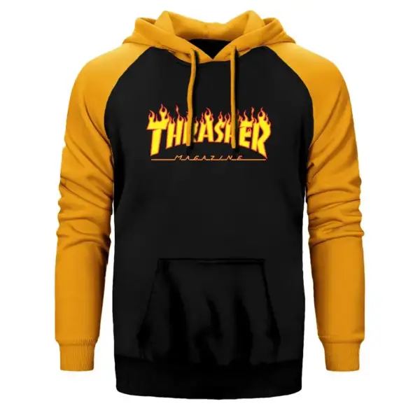Thrasher Hoodie, Double Color Raglan Sleeve Yellow Sweatshirt