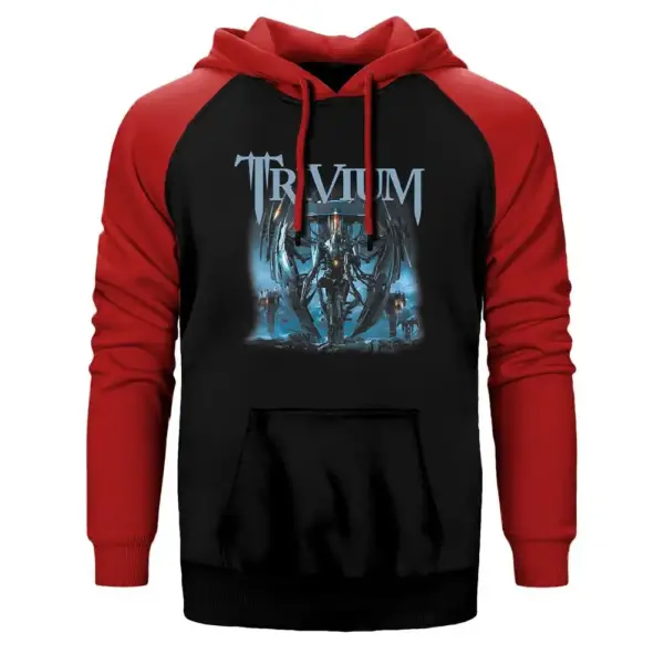 Trivium Vengeance Falls Hoodie, Double Color Raglan Sleeve Red Sweatshirt