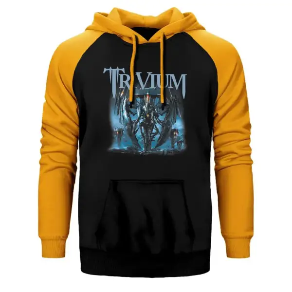 Trivium Vengeance Falls Hoodie, Double Color Raglan Sleeve Yellow Sweatshirt