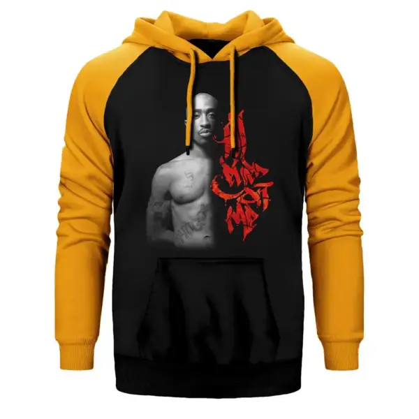 Tupac All Eyez On Me Hoodie, Double Color Raglan Sleeve Yellow Sweatshirt