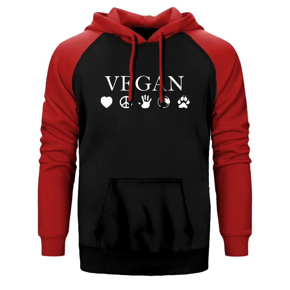 Vegan Hoodie, Double Color Raglan Sleeve Red Sweatshirt