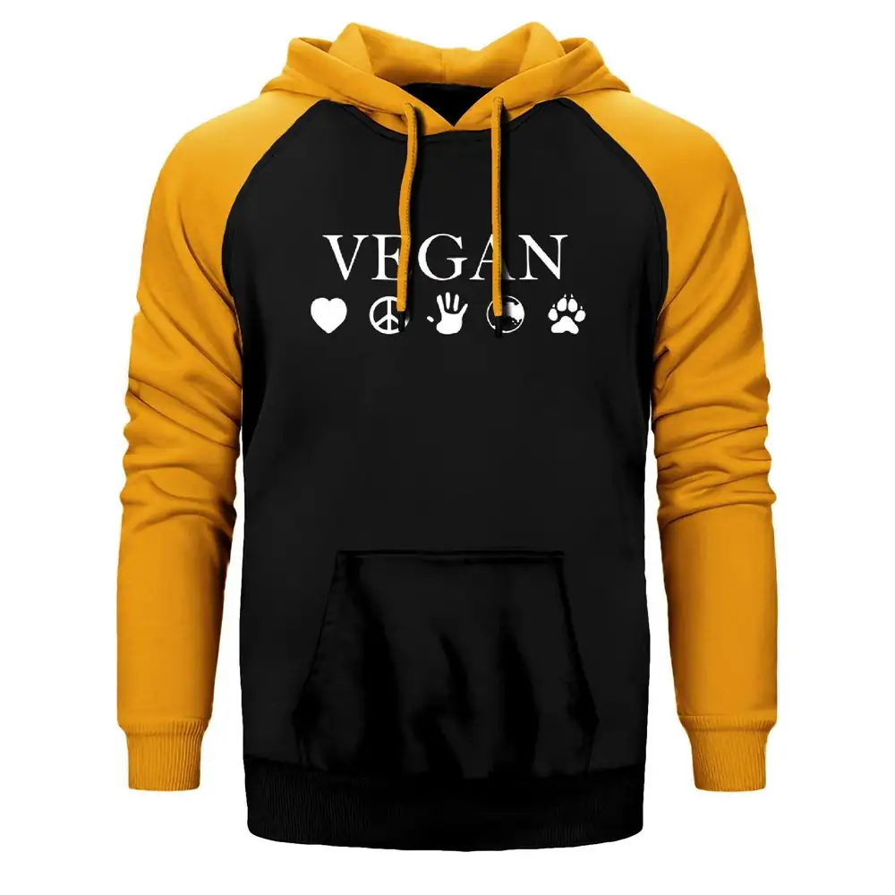 Vegan Hoodie, Double Color Raglan Sleeve Yellow Sweatshirt