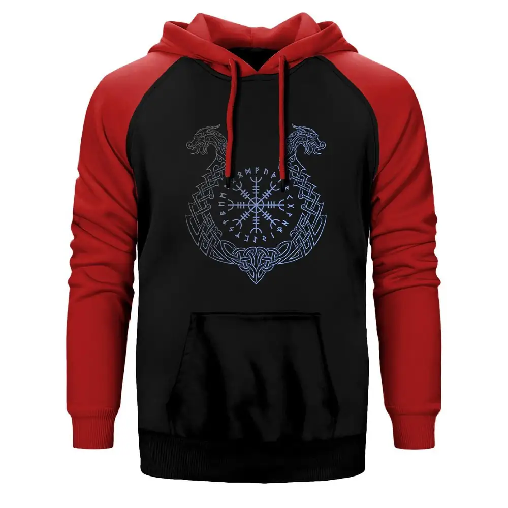 Vikings Aegishjalmur Helm of Terror Hoodie, Double Color Raglan Sleeve Red Sweatshirt