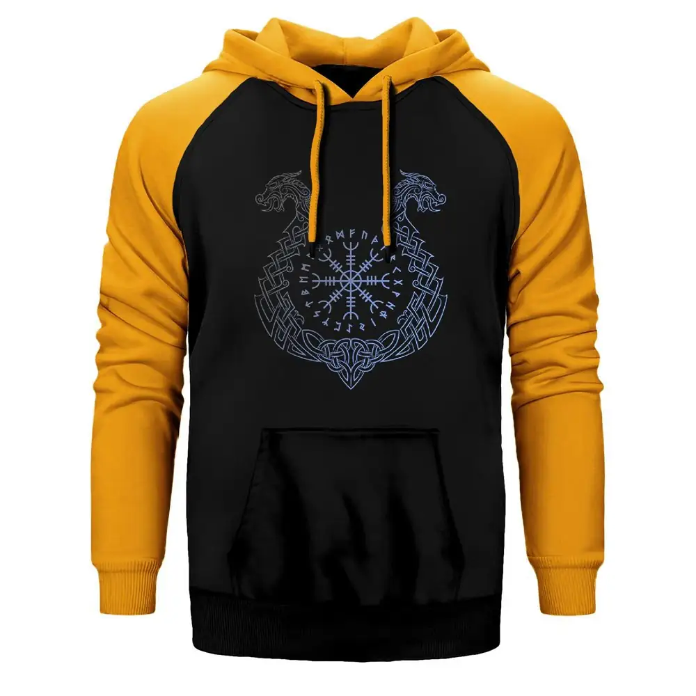 Vikings Aegishjalmur Helm of Terror Hoodie, Double Color Raglan Sleeve Yellow Sweatshirt