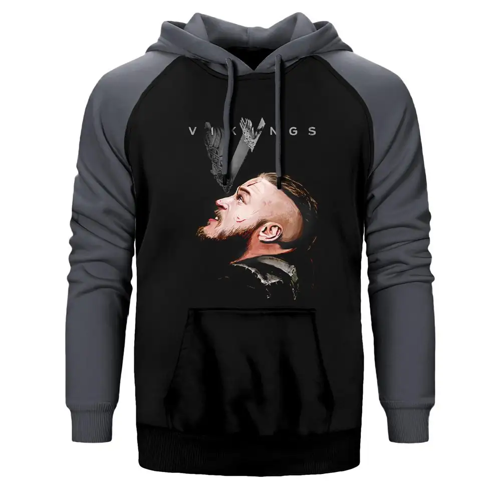 Vikings Ragnar Hoodie, Double Color Raglan Sleeve Gray Sweatshirt