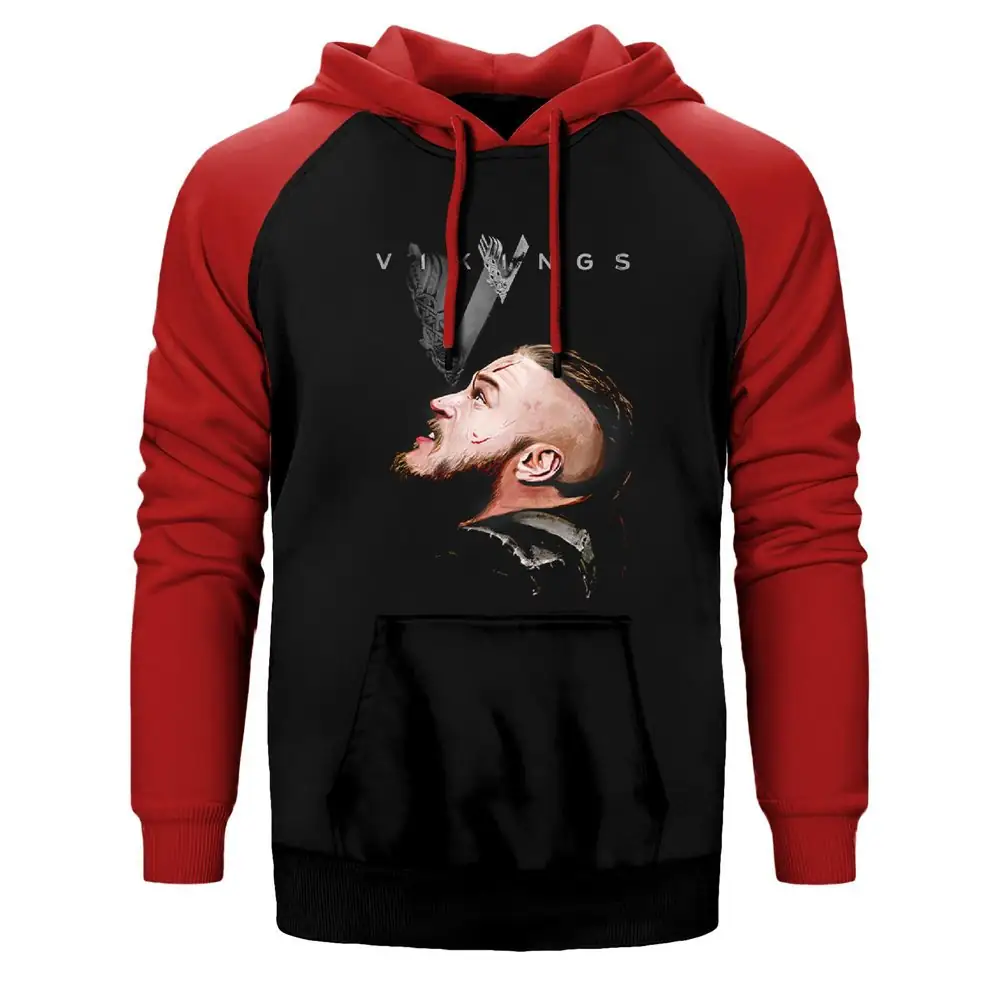 Vikings Ragnar Hoodie, Double Color Raglan Sleeve Red Sweatshirt