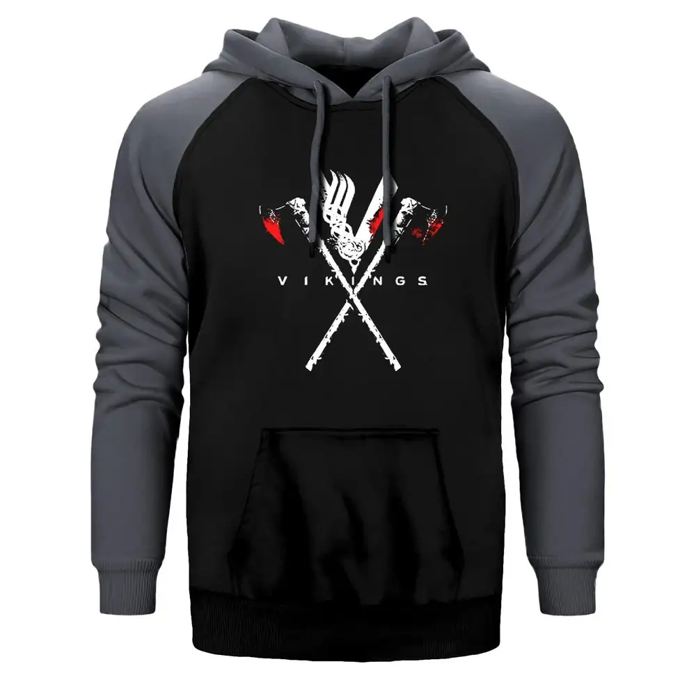 Vikings Tools Hoodie, Double Color Raglan Sleeve Gray Sweatshirt