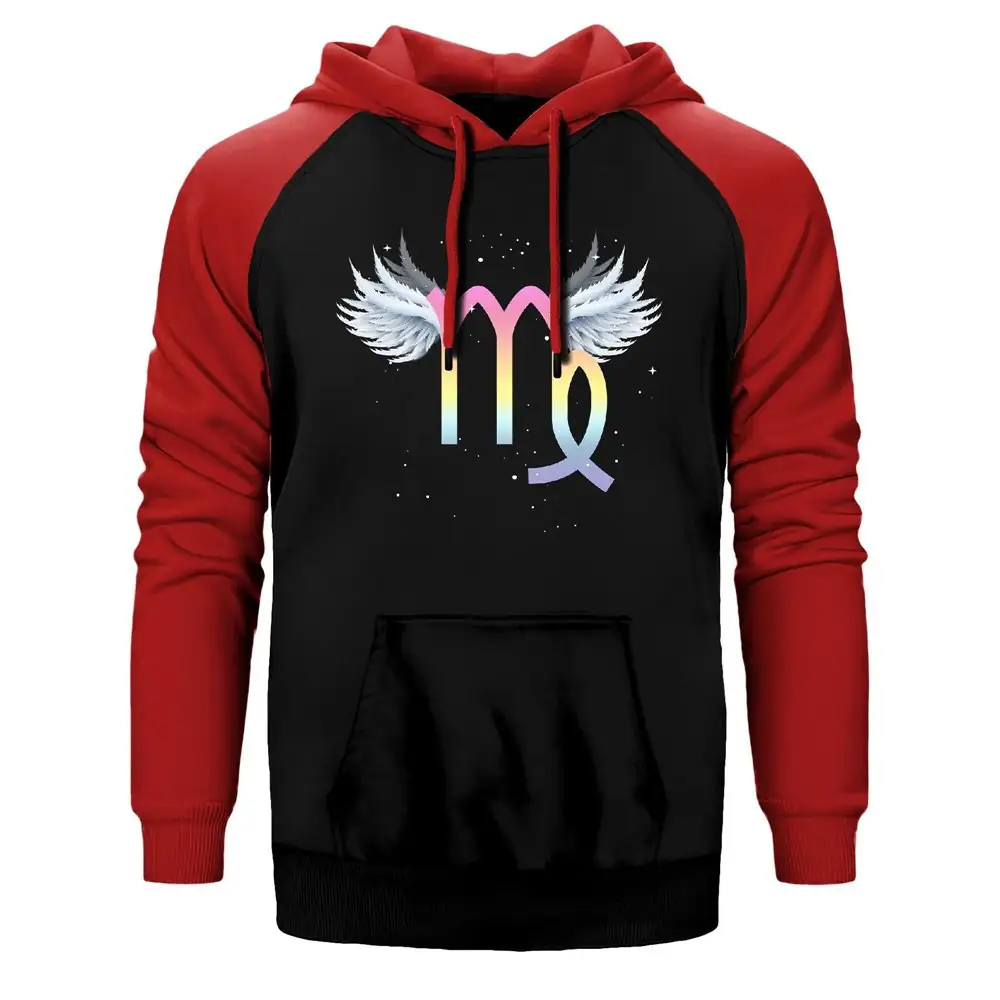 Virgo Wings Hoodie, Double Color Raglan Sleeve Red Sweatshirt