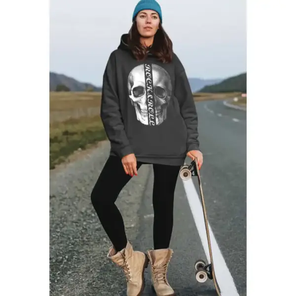 Women's Half Skull Hoodie Thick Oversize Anthracite Sweatshirt